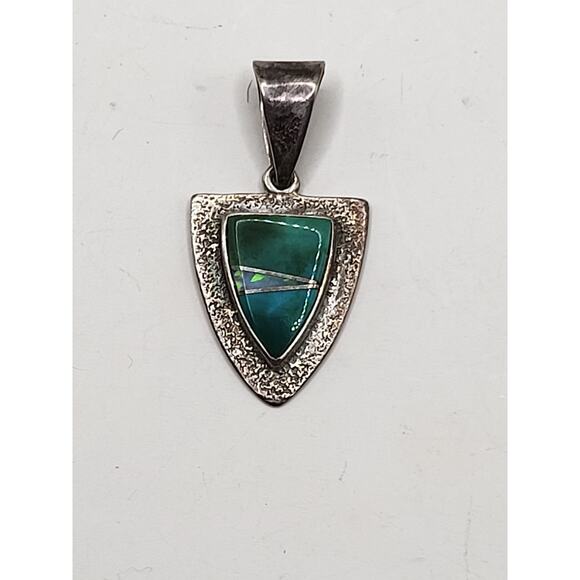Vintage Sterling Silver Turquoise Opal Inlay Shield Pendant Southwestern 1980s - Picture 1 of 6